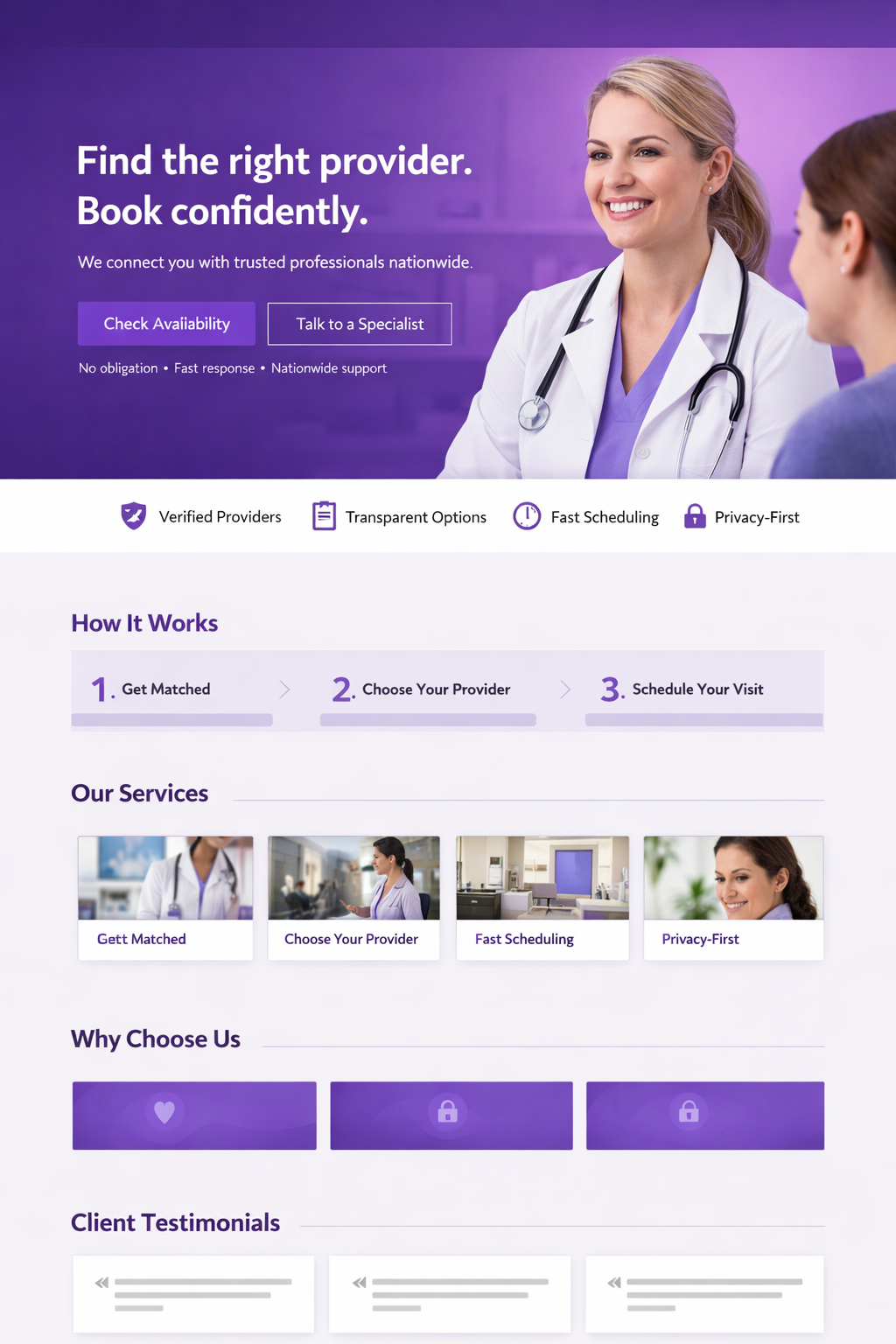 Dental care team and patient in a modern office with a purple theme